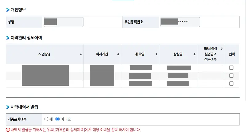 고용보험 피보험자격 이력내역서 발급 화면, 개인정보 확인 및 상세 이력 확인