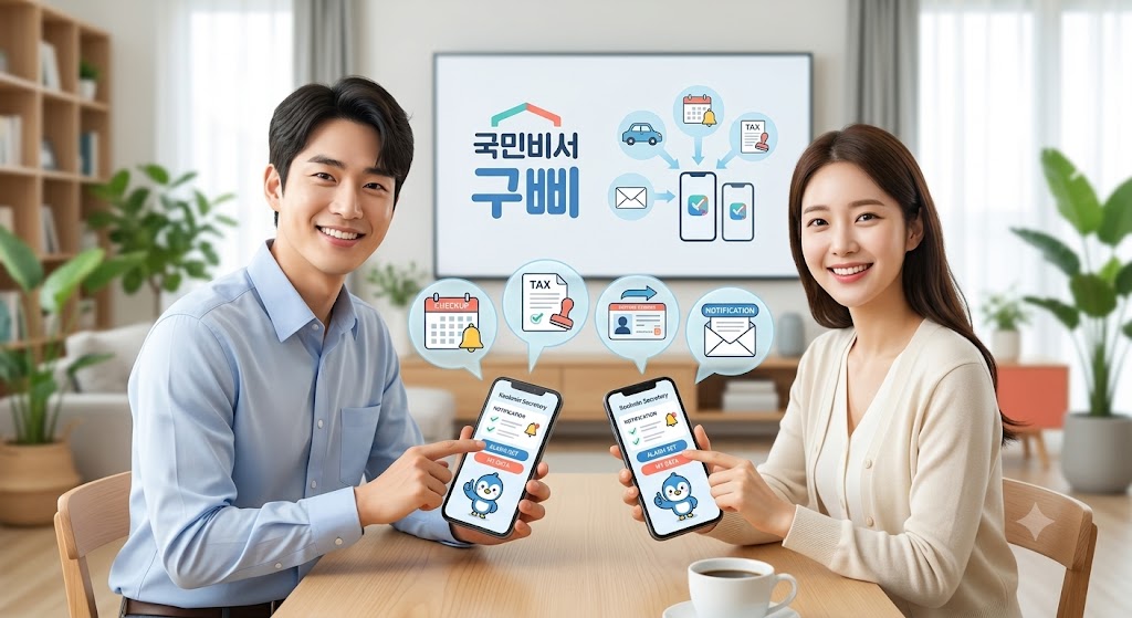 스마트폰을 들고 있는 한국 남녀와 정부 알림 아이콘 (TAX,CHECKUP,운전면허,우편물) 이 표시된 국민비서 구삐 서비스 안내 이미지