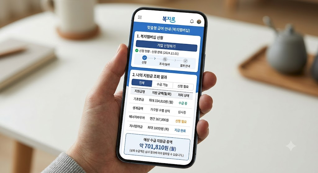 복지로 정부 지원금 모바일 조회 및 맞춤형 급여 안내 신청 화면